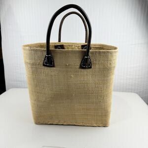 ONIGO Elegant Natural Woven Handmade French Basket Tan Tote Bag Leather Handles